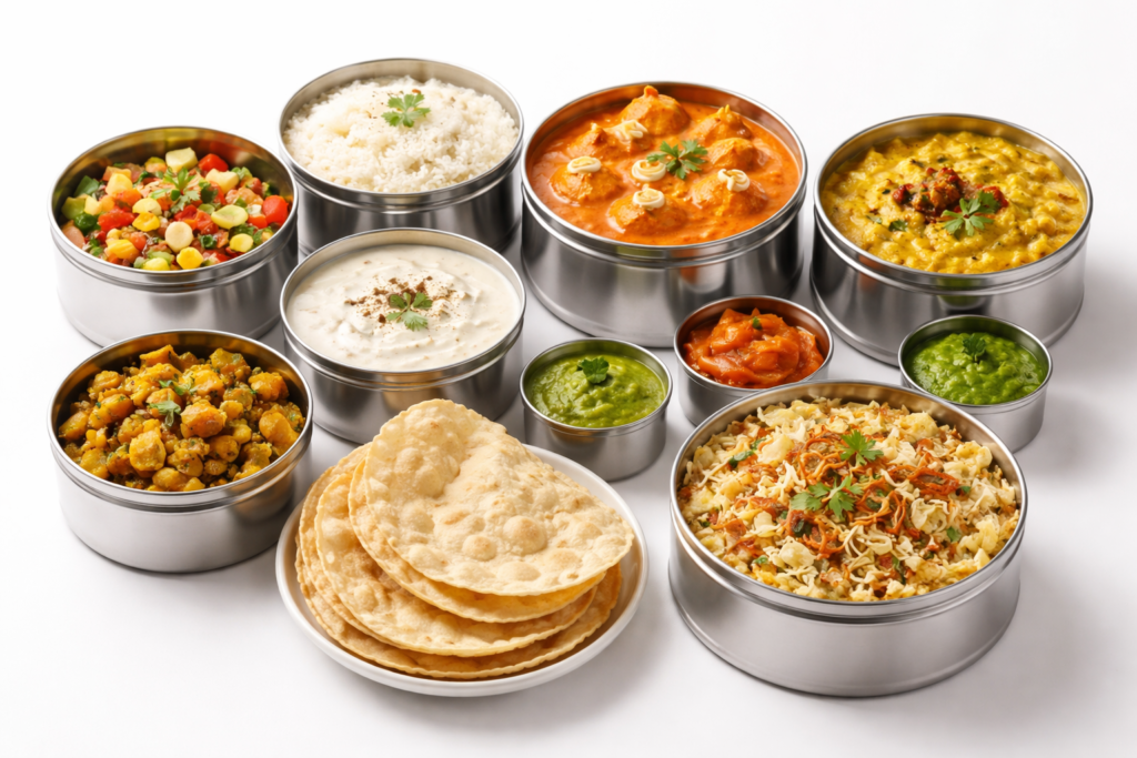 indian feast on stainless steel tiffins